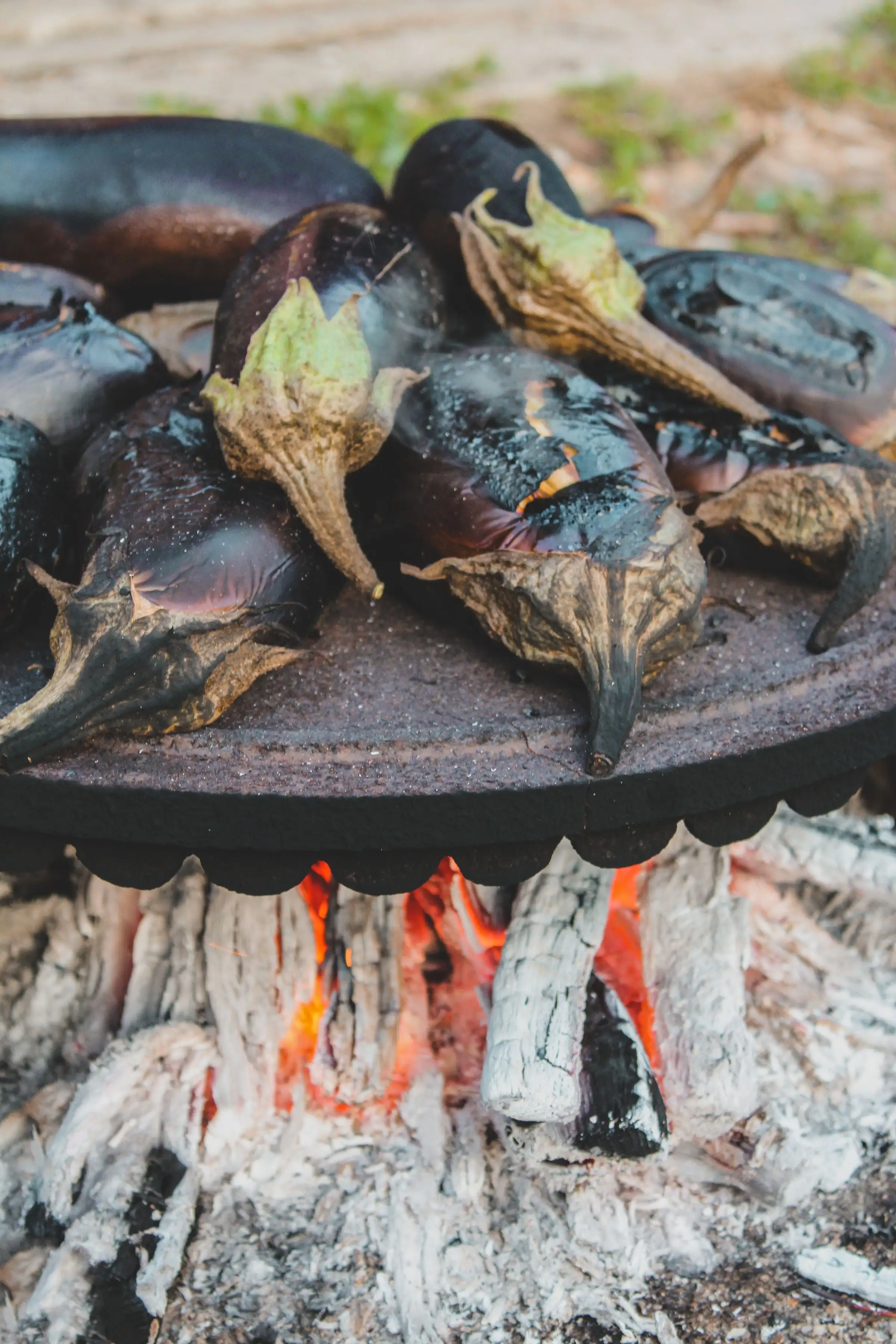 Whole eggplants blackening directly on hot embers