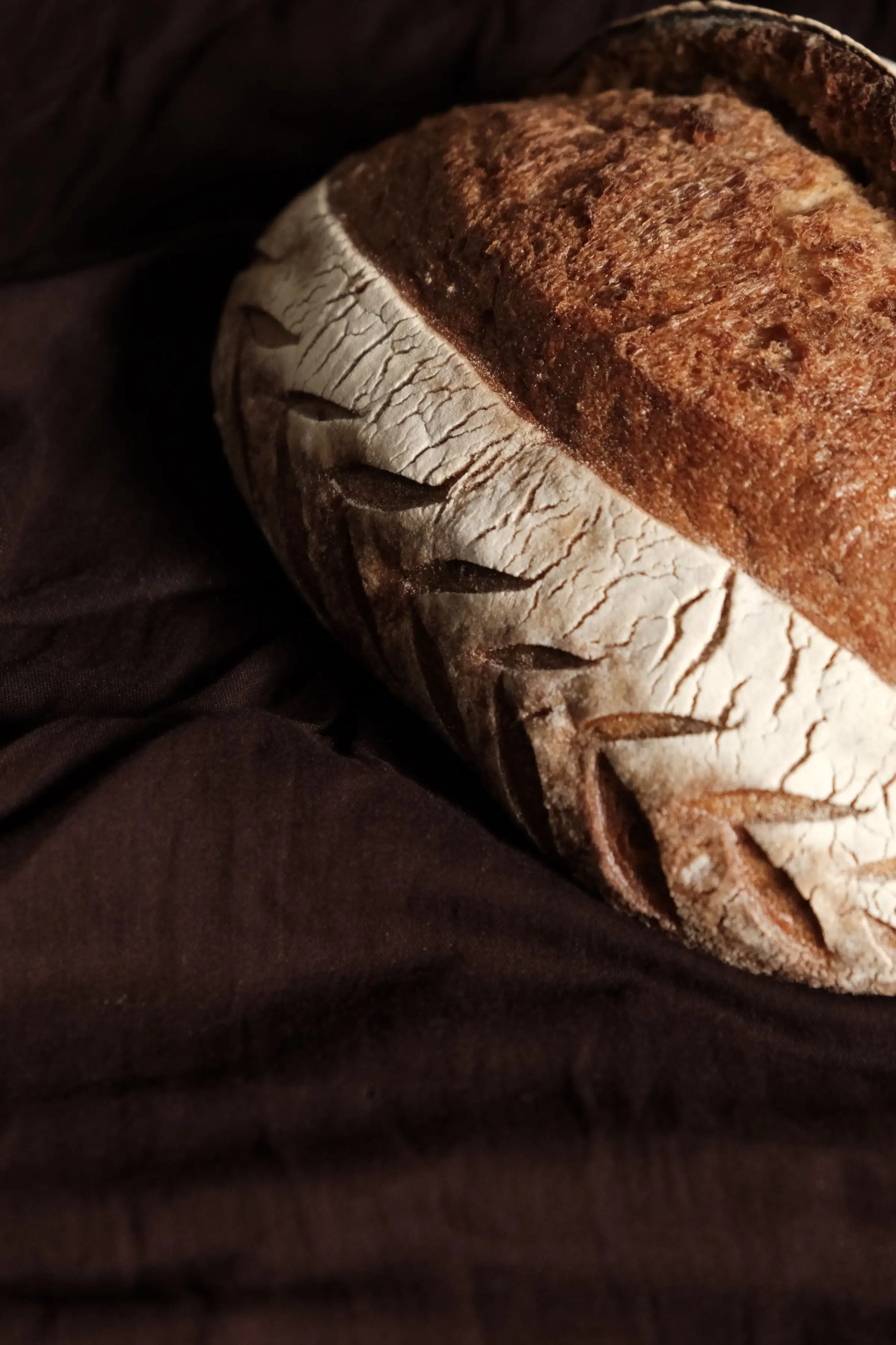 A crusty sourdough loaf with a scored, flour-dusted top
